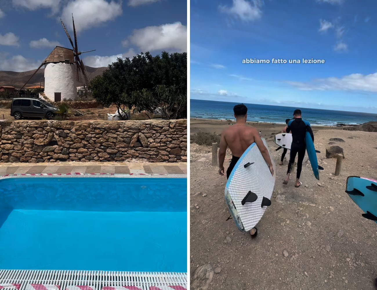A sinistra la piscina, a destra la lezione di surf, due momenti della vacanza a Fuerteventura.