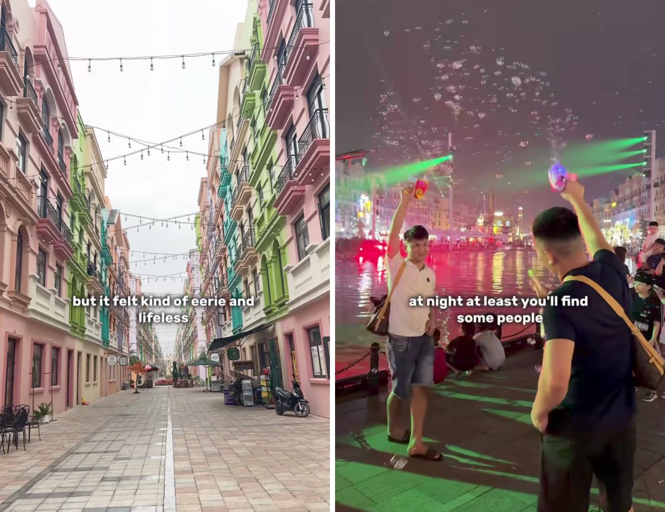 Il contrasto della finta Venezia: di giorno vuota e spenta, di notte molto più viva e 'caotica'.