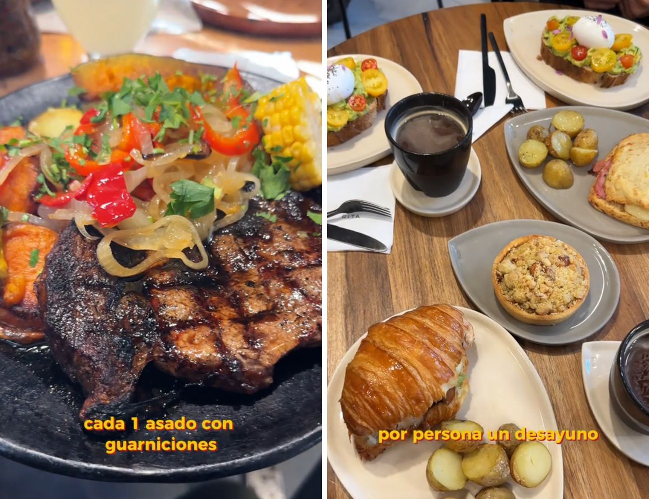 A sinistra l'asado con verdure, a destra la colazione fatta dalla coppia