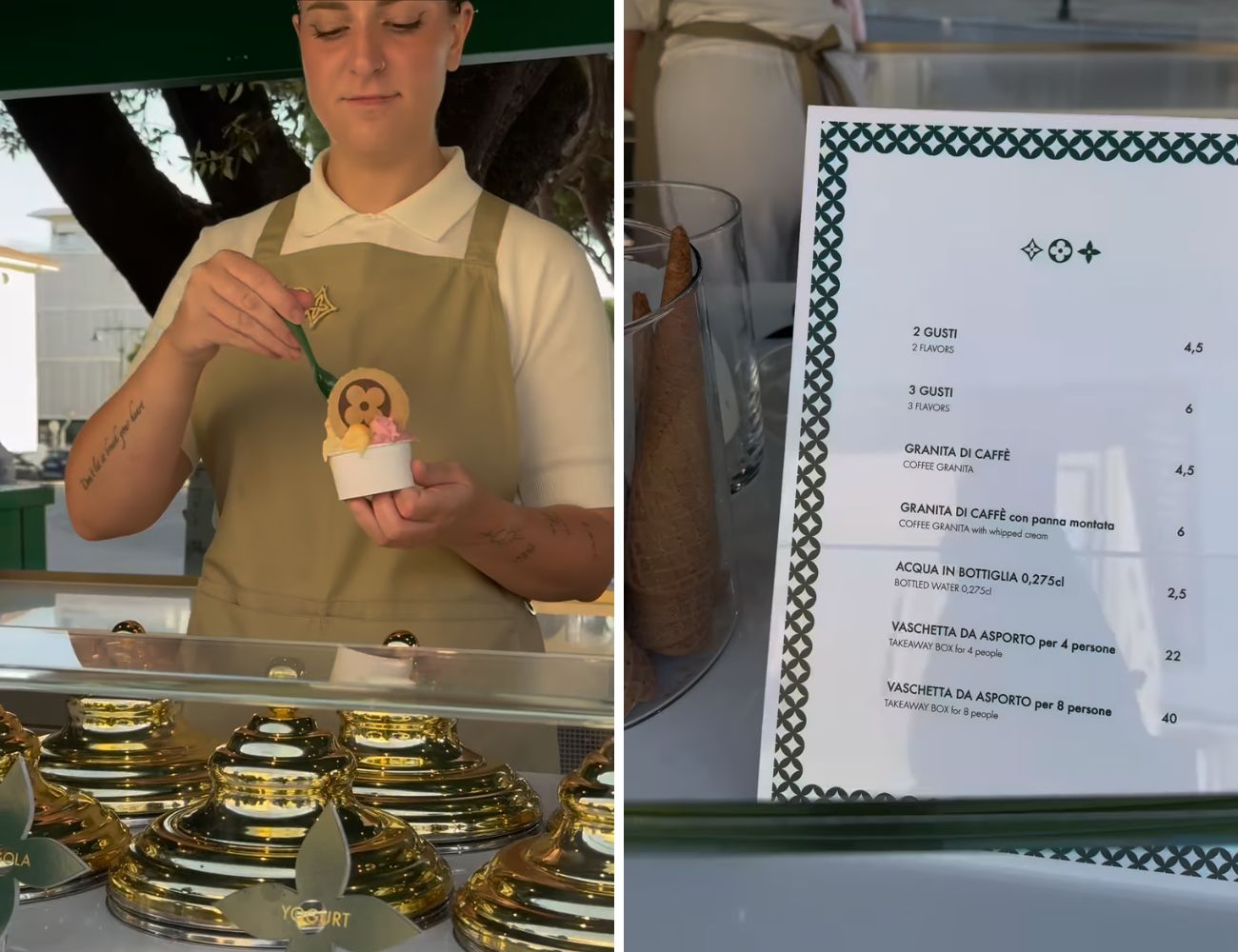 A sinistra la coppetta di gelato Louis Vuitton, a destra il menù con i prezzi