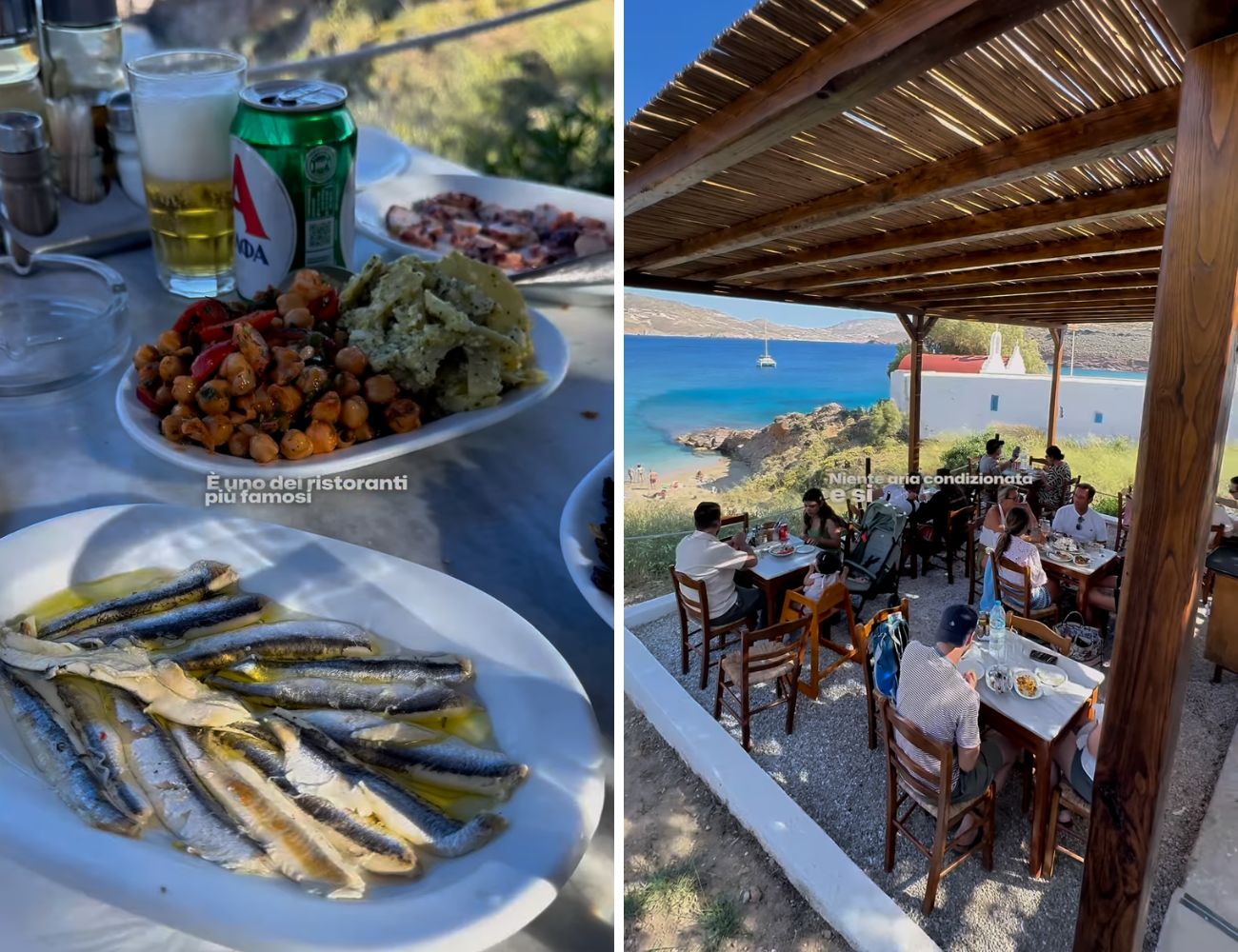 A sinistra il cibo consumato dall'autore del video, a destra una veduta spettacolare del ristorante di Mykonos - forse l'unico - senza corrente elettrica.