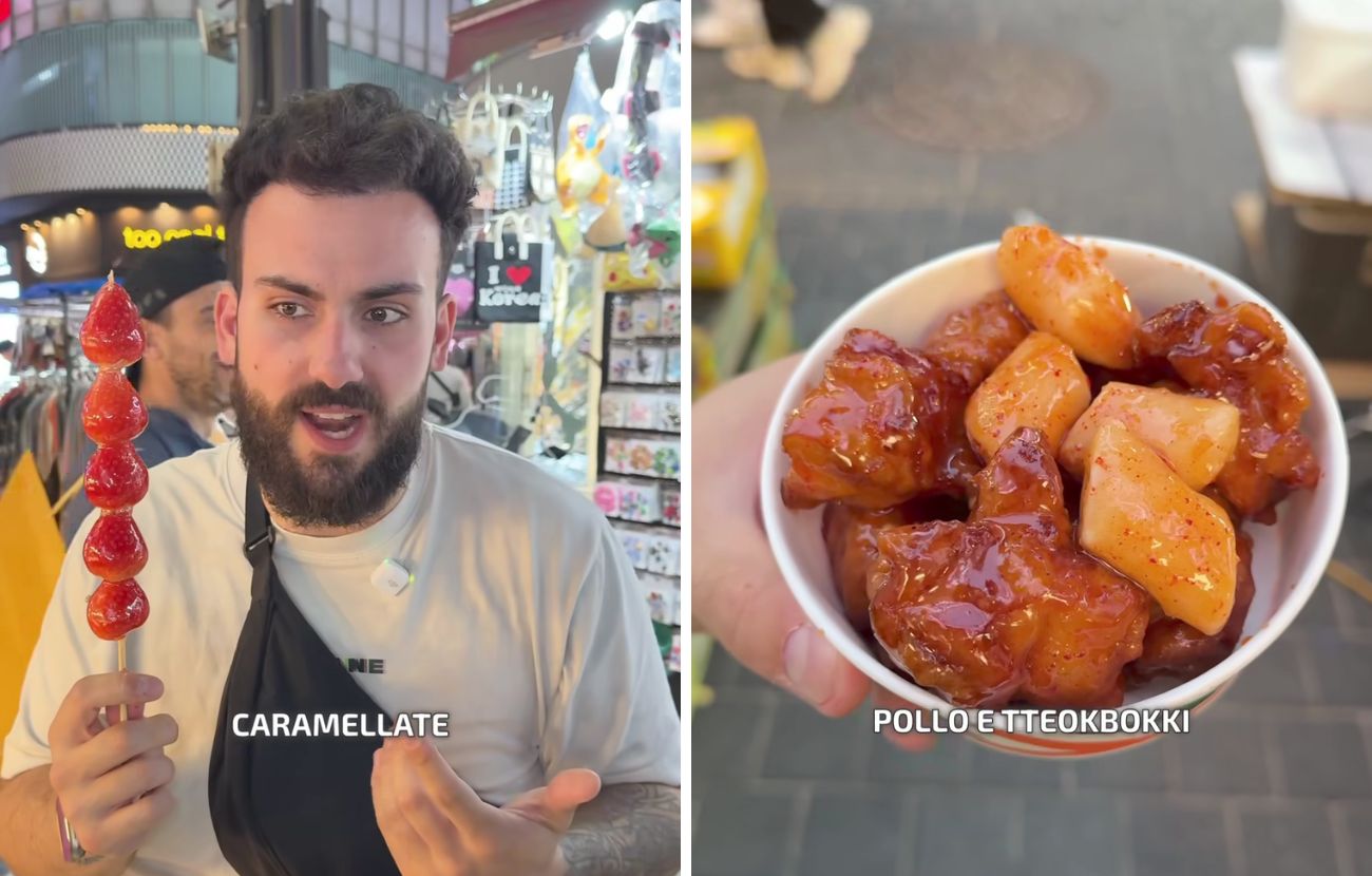 A sinistra le fragole nello spiedino, a destra pollo e tteokbokki, due veri e propri simboli dello street food coreano.