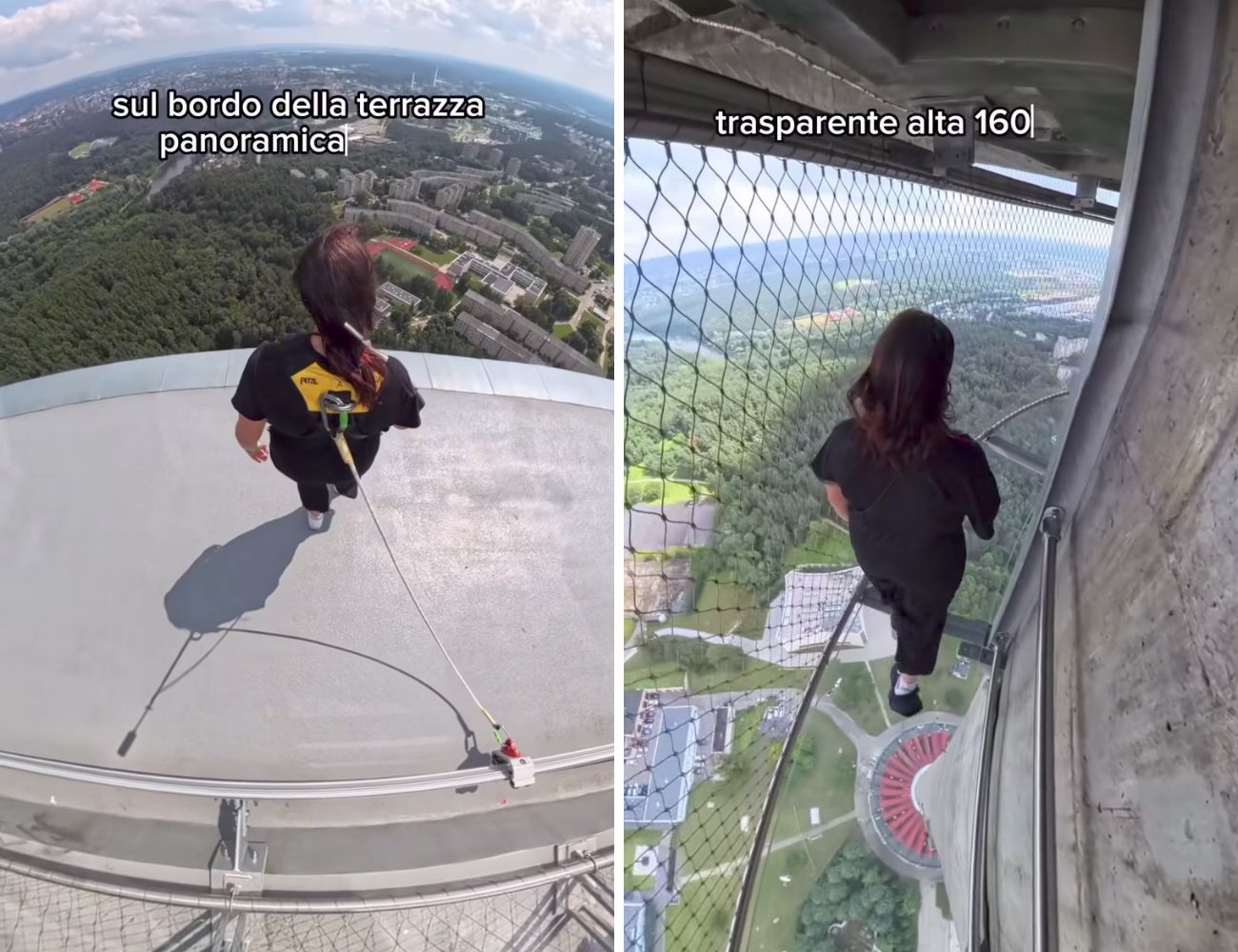 A sinistra la camminata sul bordo della torre (assicurati da una corda), a destra la camminata sulla vetrata