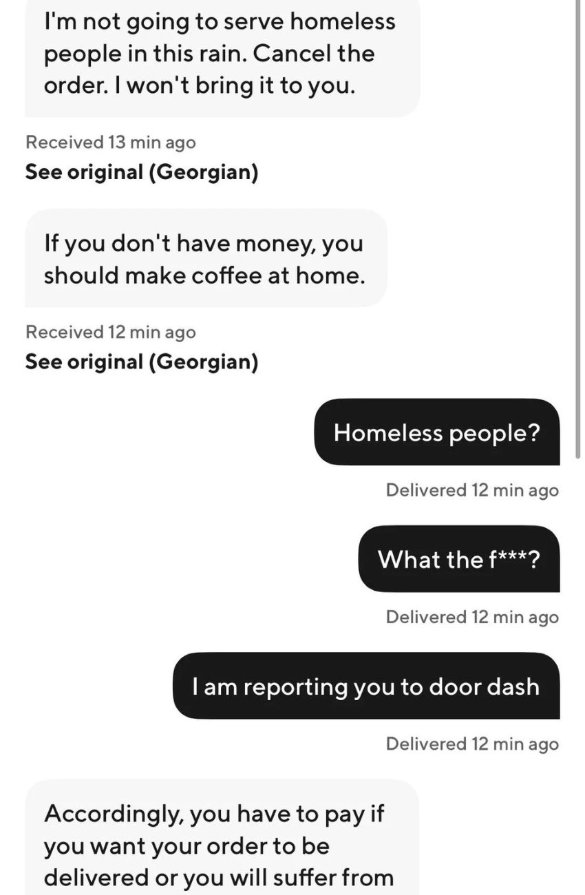 La prima parte della chat tra il rider e la donna che ha ordinato il caffè.