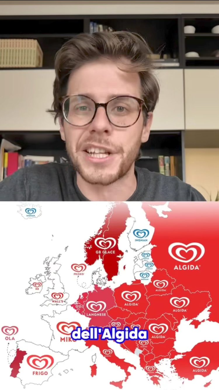 Ecco la mappa dei gelati a marchio "Unilever" in Europa: Algida è l'unico presente in Italia e in una decina di altri paesi, quasi tutti est-europei.