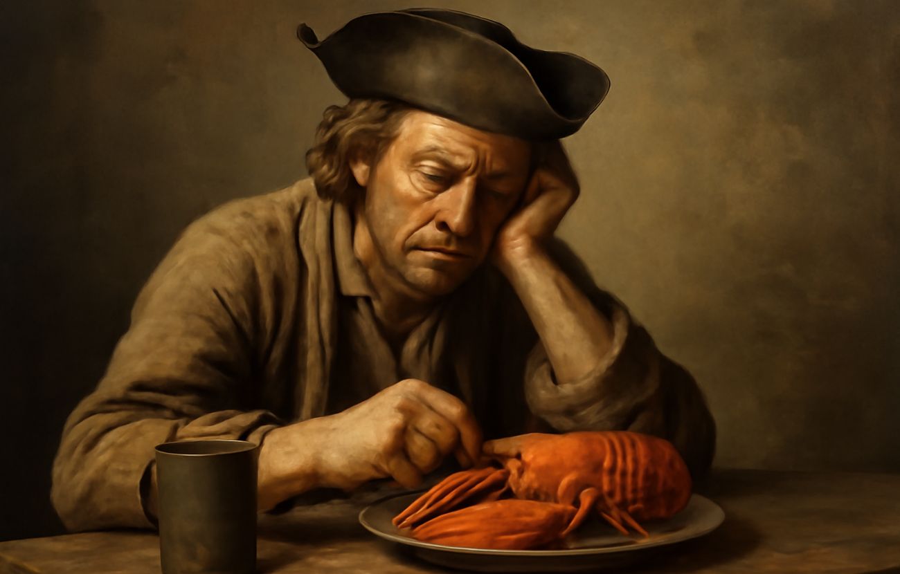 Un carcerato nell'America del 1700 che, sconsolato, deve mangiare un'aragosta.