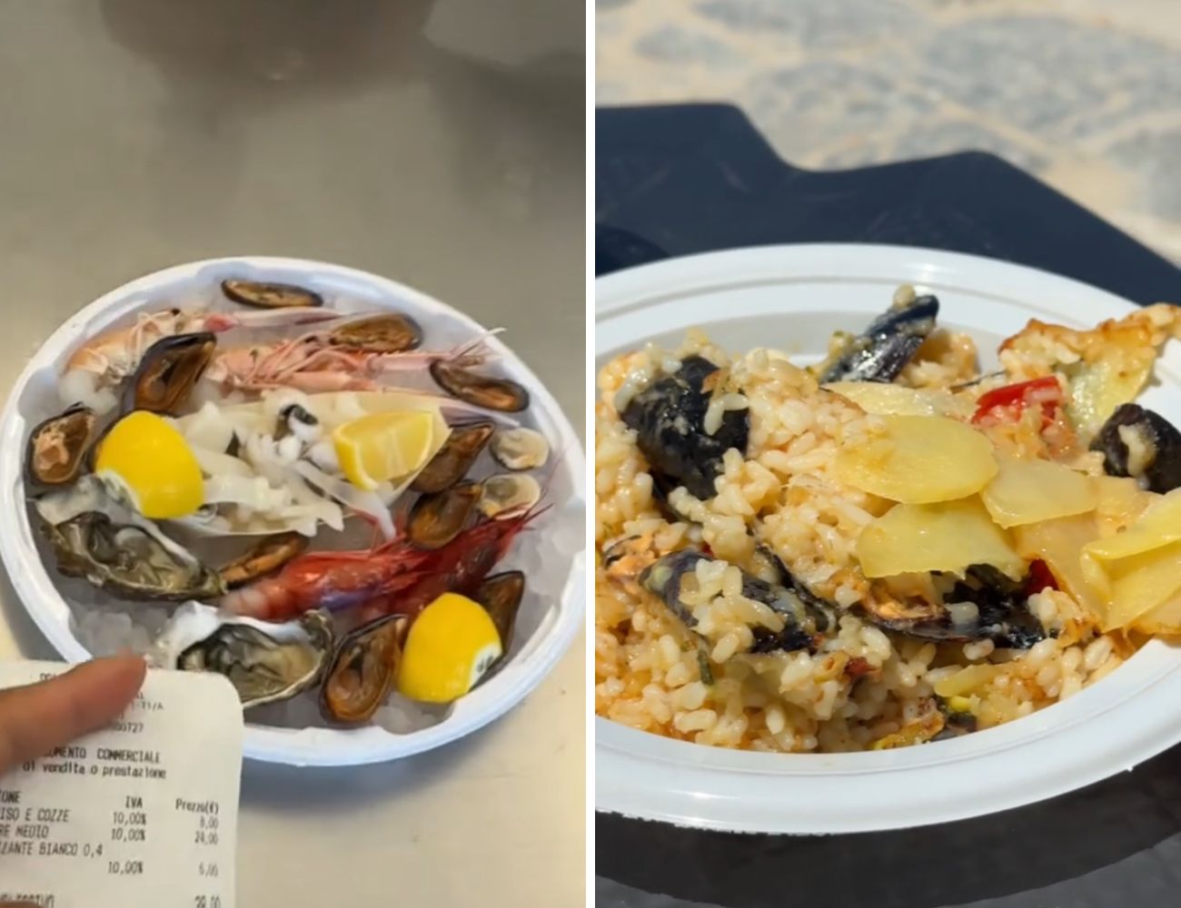 A sinistra il crudo di mare, a destra riso con patate e cozze, due piatti a base di pesce tipici della cucina barese.