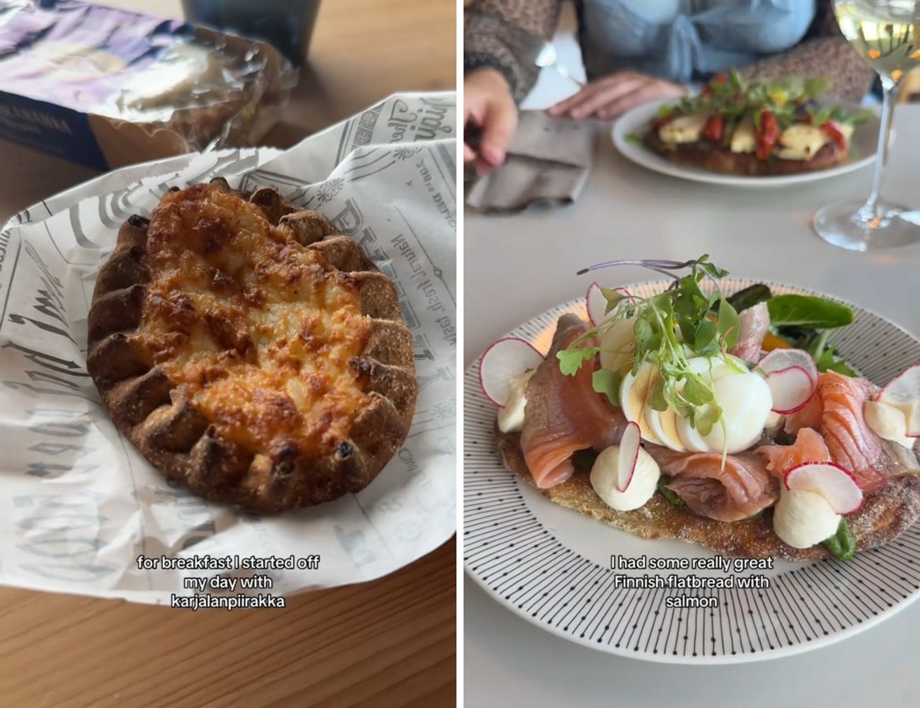 A sinistra la karjalanpiirakka (che andrebbe condita, così è incompleta), a destra il pane di segale con salmone 