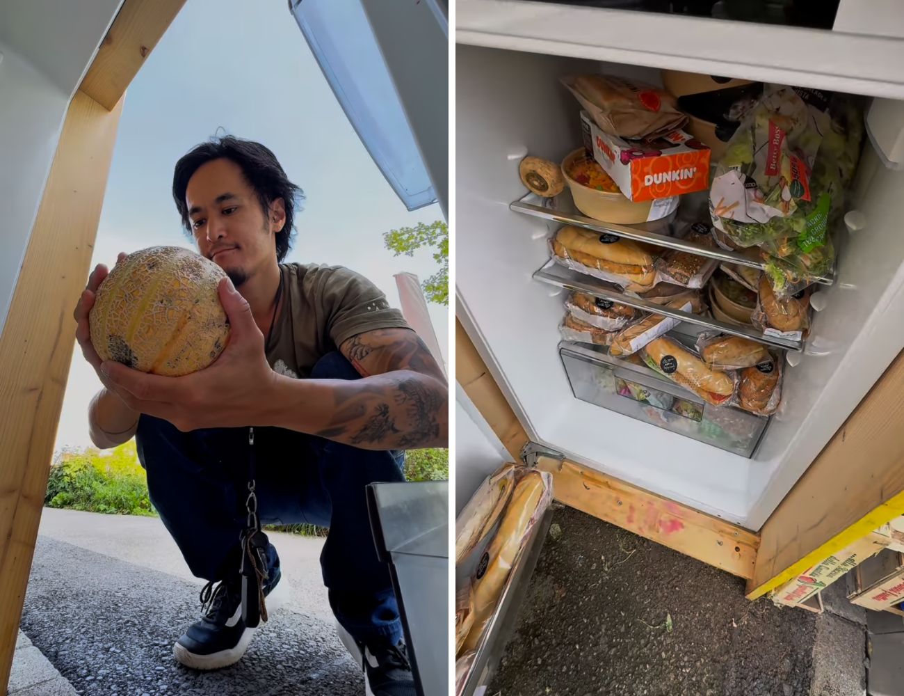 A sinistra il melone, a destra un frigo pieno di cibo (prossimo alla scadenza).