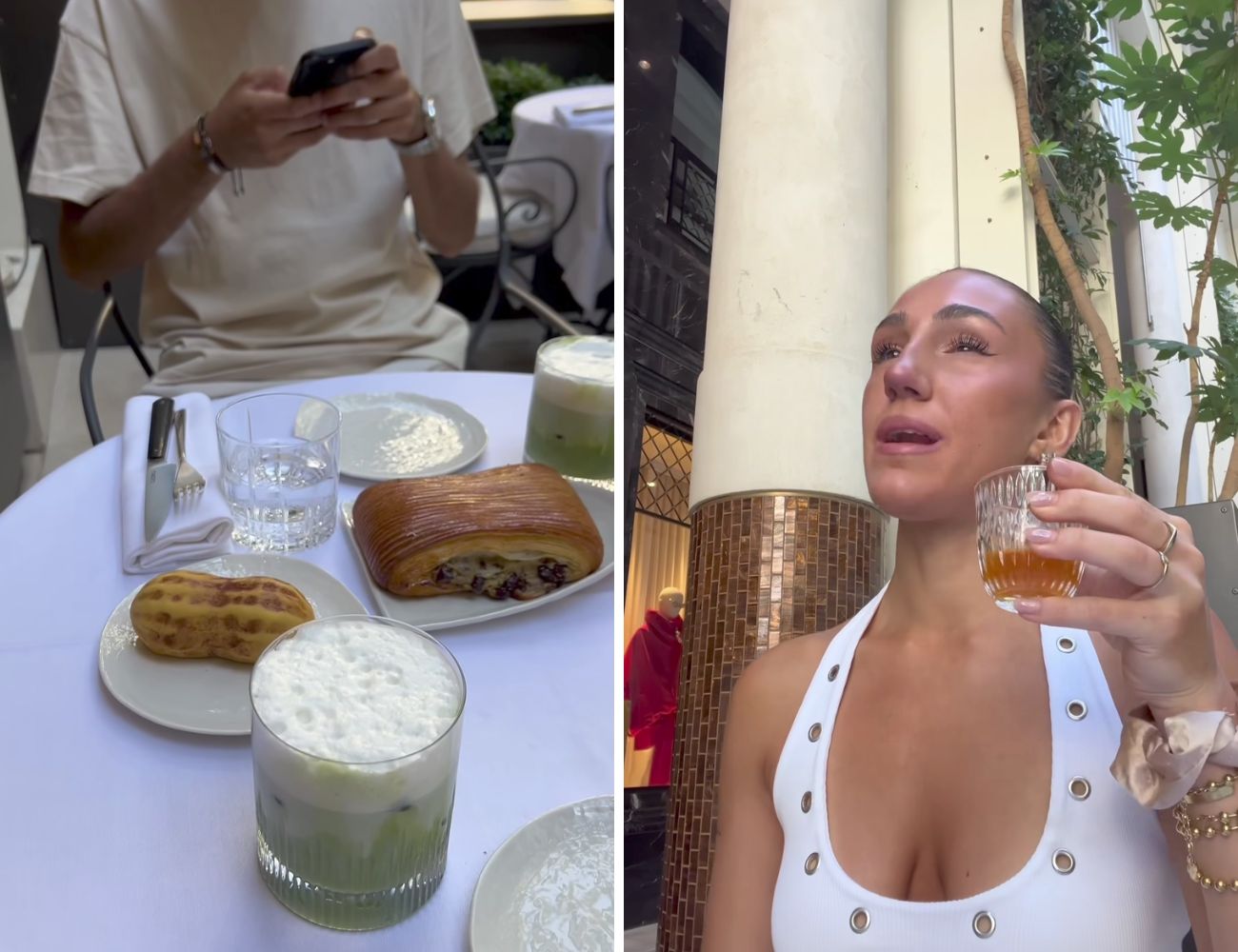 A sinistra la colazione 'completa', a destra l'infuso servito a inizio colazione, forse per assorbire meglio i prodotti ricchi di burro che avrebbero ordinato di lì a poco.