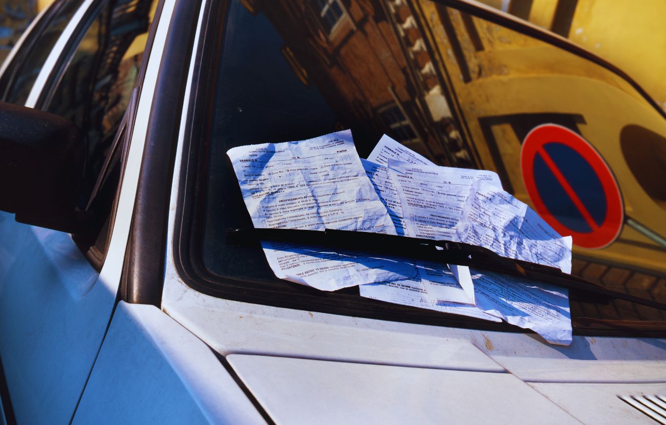 Multe sul parabrezza di un'auto (foto stock).