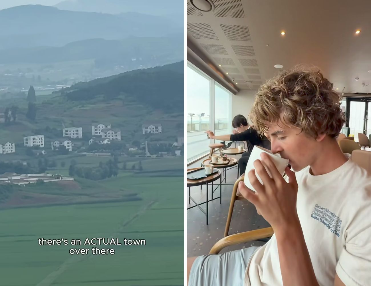 A sinistra un paesino in territorio nordcoreano, a destra l'autore del video che si gode un caffè.