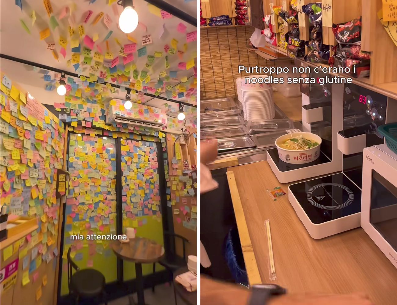 A sinistra le pareti strapiene di post-it, a destra i noodles mentre vengono preparati