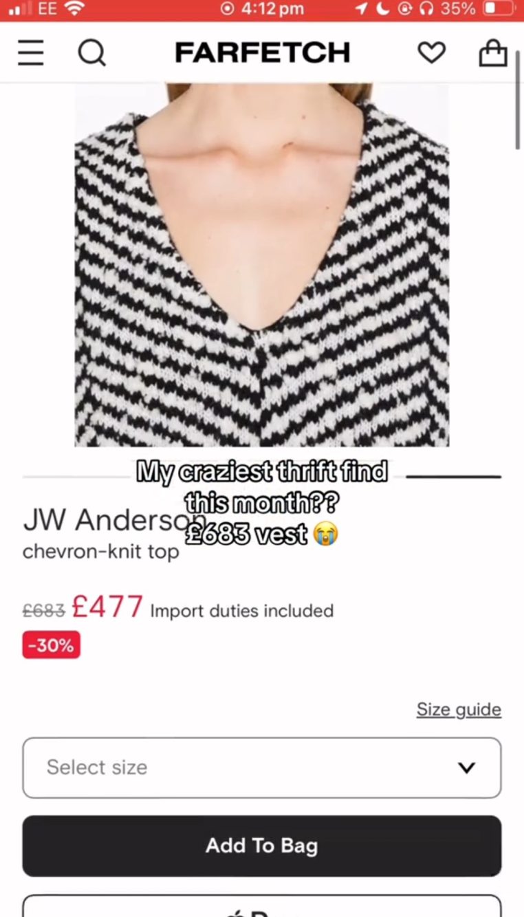Lo stesso gilet, come segnala la tiktoker, è presente su un sito a 680 sterline (prezzo originale)