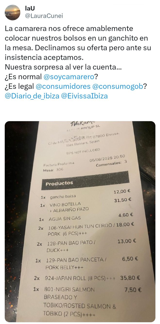 Lo scontrino della discordia: come si può vedere, ci sono 12€ extra per l'uso del gancio per la borsa.