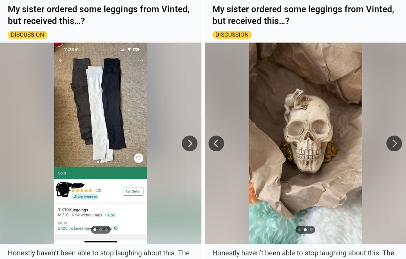 A sinistra i leggings che la donna pensava di aver comprato, a destra il teschio (con rana) ricevuto. Con ogni probabilità, c'è stato uno scambio di pacchi: dunque chi aveva ordinato l'oggetto, probabilmente, si è ritrovato tre leggings usati.