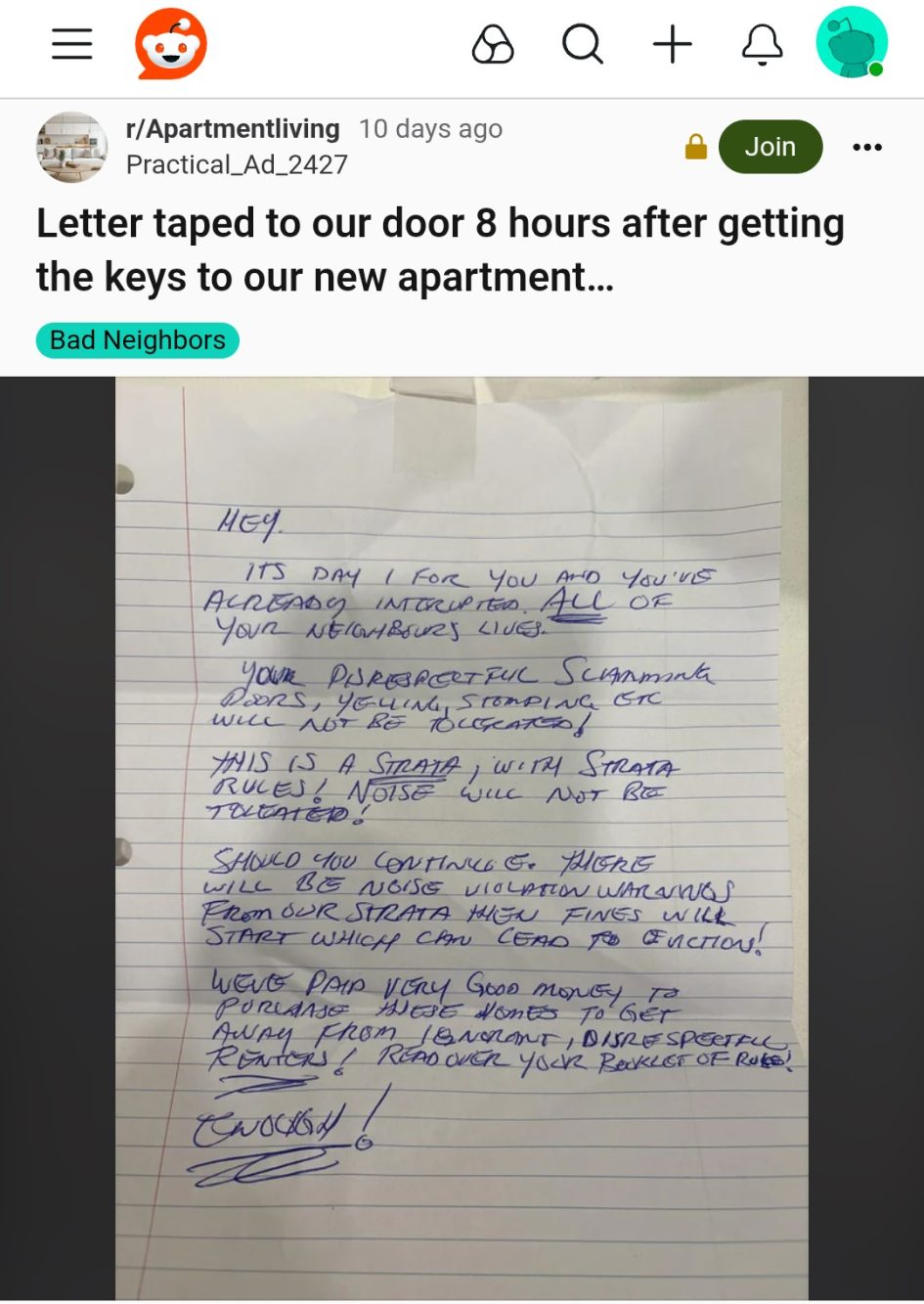 Il post originale su Reddit che mostra la lettera livorosa scritta a mano da un vicino molto poco tollerante.