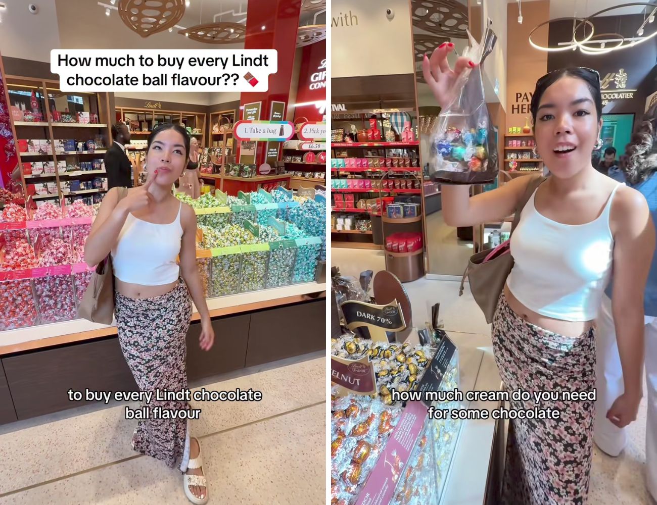 La content creator nel negozio Lindt, con un sacchetto pieno di cioccolatini di tutti gusti diversi.