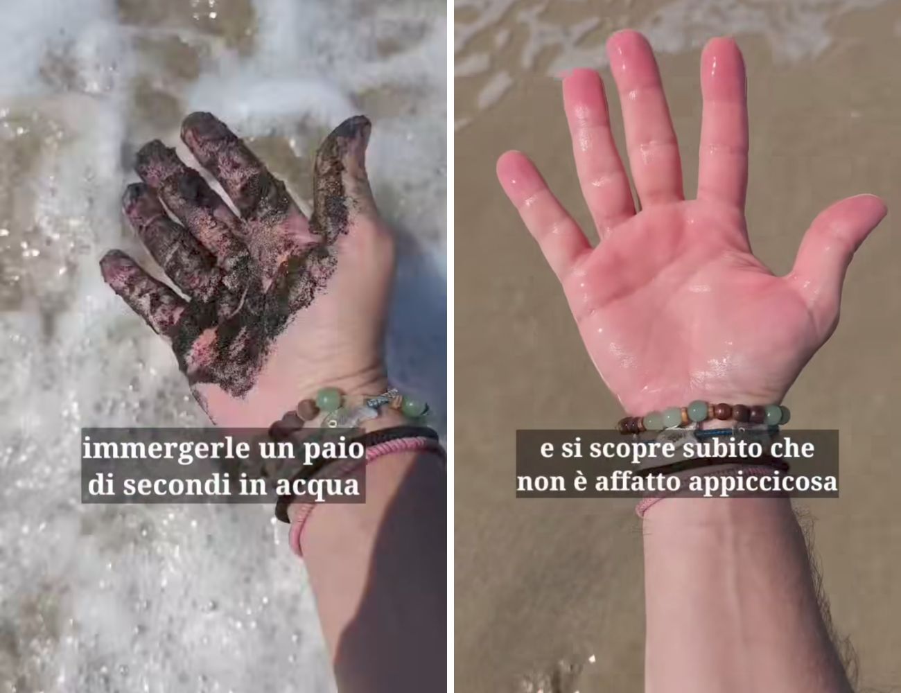 Come si può vedere, la sabbia nera va via semplicemente immergendo le mani in acqua.