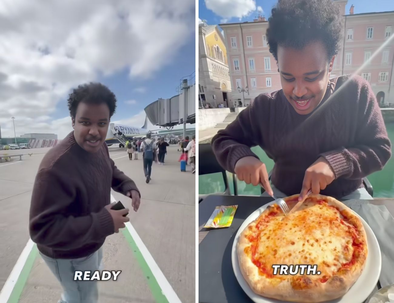 Il content creator in procinto di salire sull'aereo per Trieste e poi, in Italia, mentre mangia una Margherita.