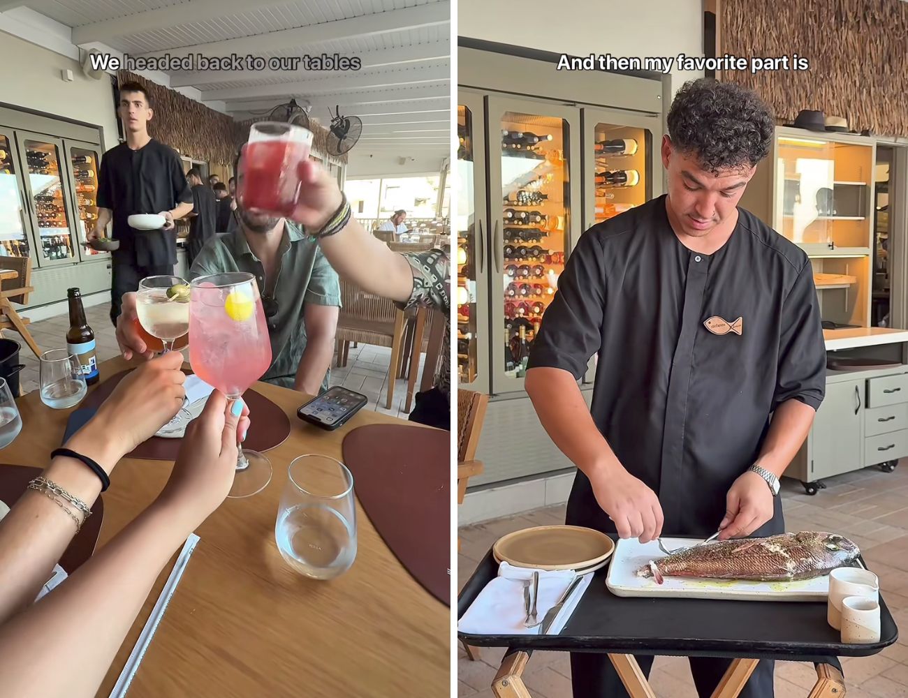 A sinistra l'aperitivo, a destra il momento della pulizia del pesce cucinato con la sabbia vulcanica