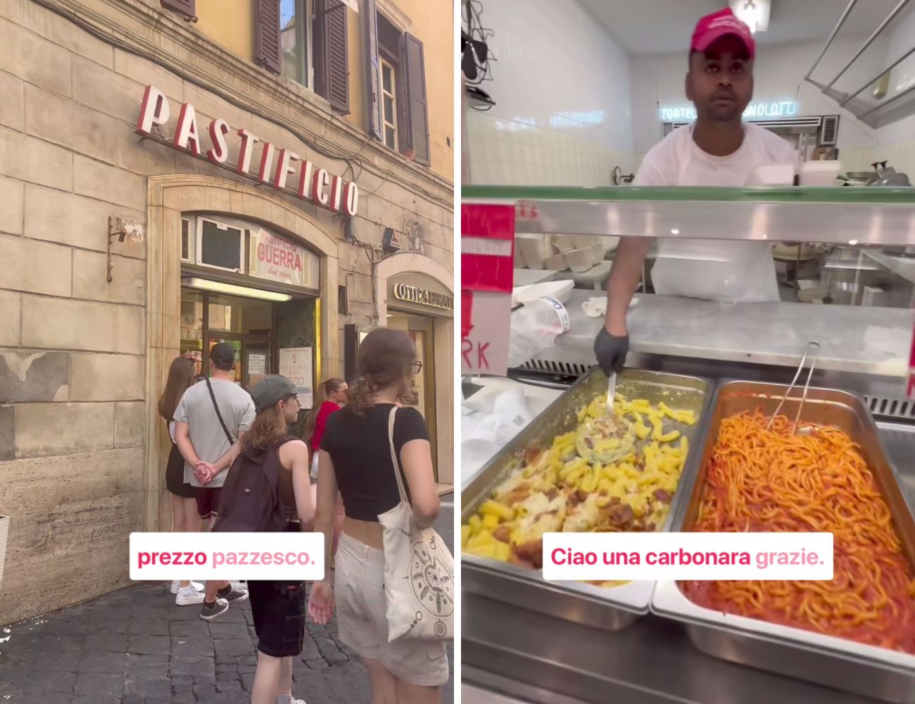 L'ingresso del pastificio 'Guerra' e i due piatti del giorno: Carbonara e Arrabbiata, entrambe a 5€