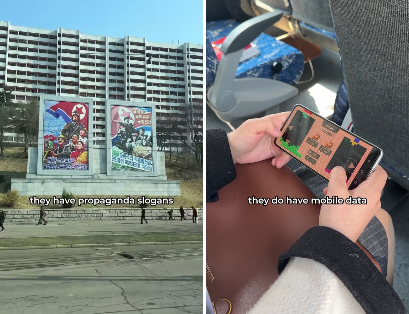 A sinistra un cartellone di propaganda nordcoreana, a destra una studentessa che gioca sul cellulare.