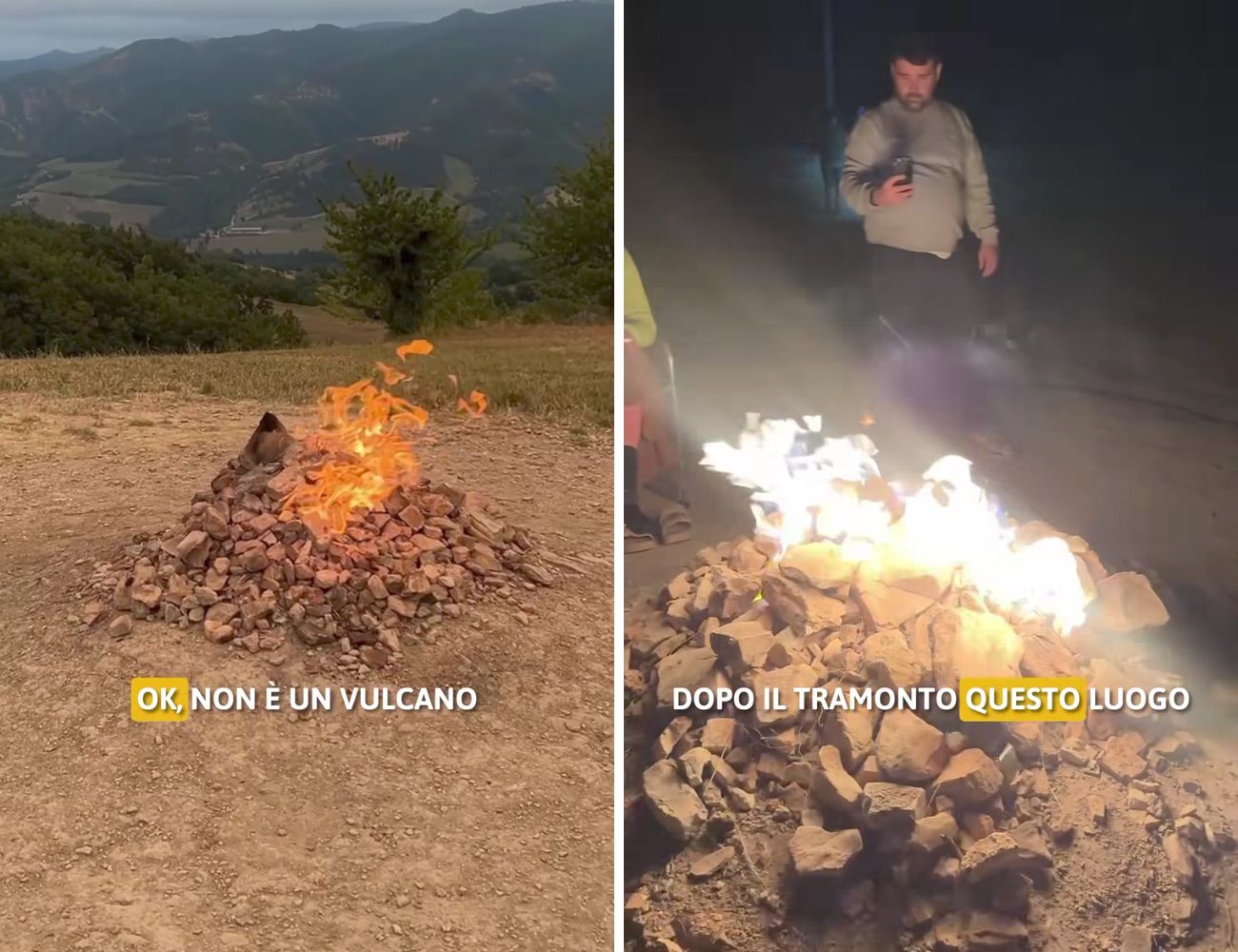 A sinistra il vulcano nel pomeriggio, a destra quando è buio, ancora più suggestivo.