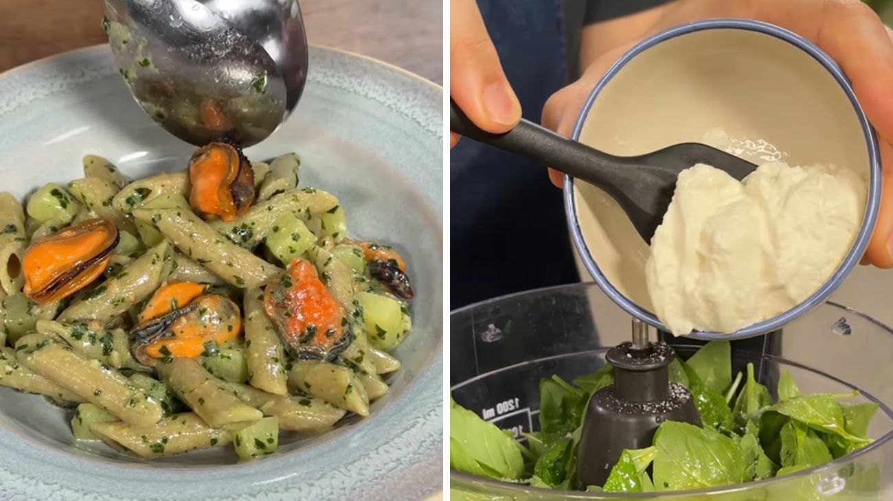 Pasta cozze, patate e pesto