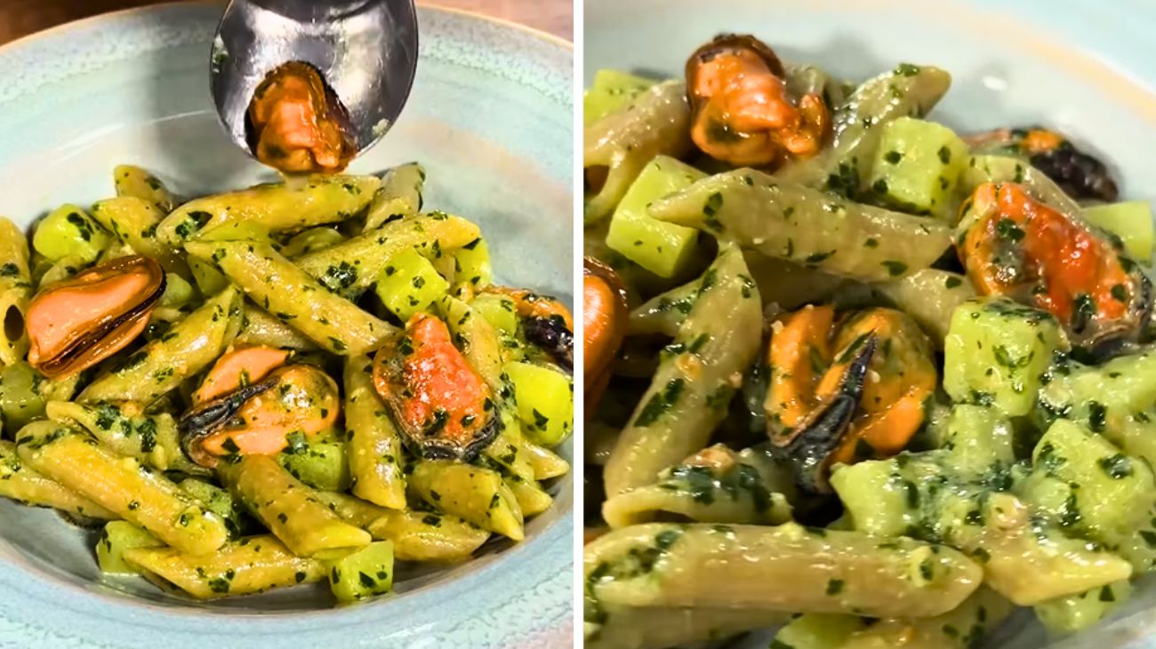 Pasta cozze, patate e pesto