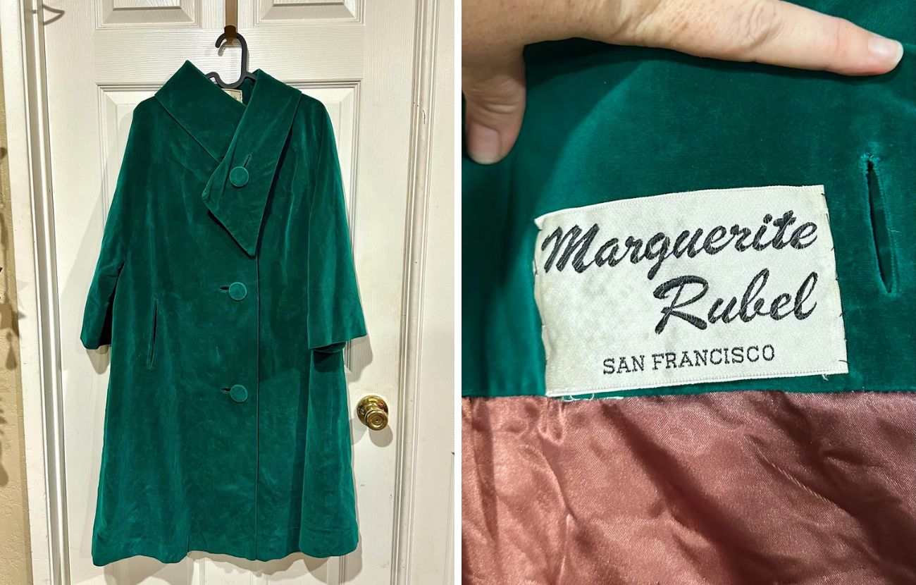 A sinistra una foto del cappotto 'intero' e a destra l'etichetta che certifica la sua rarità