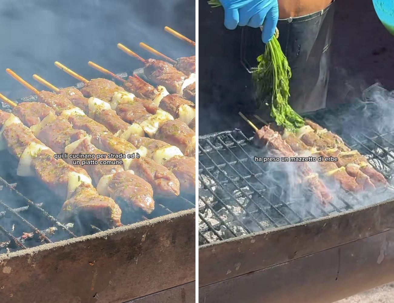 Gli spiedini preparati al momento e la 'salsa segreta', spennellata con erbe aromatiche.