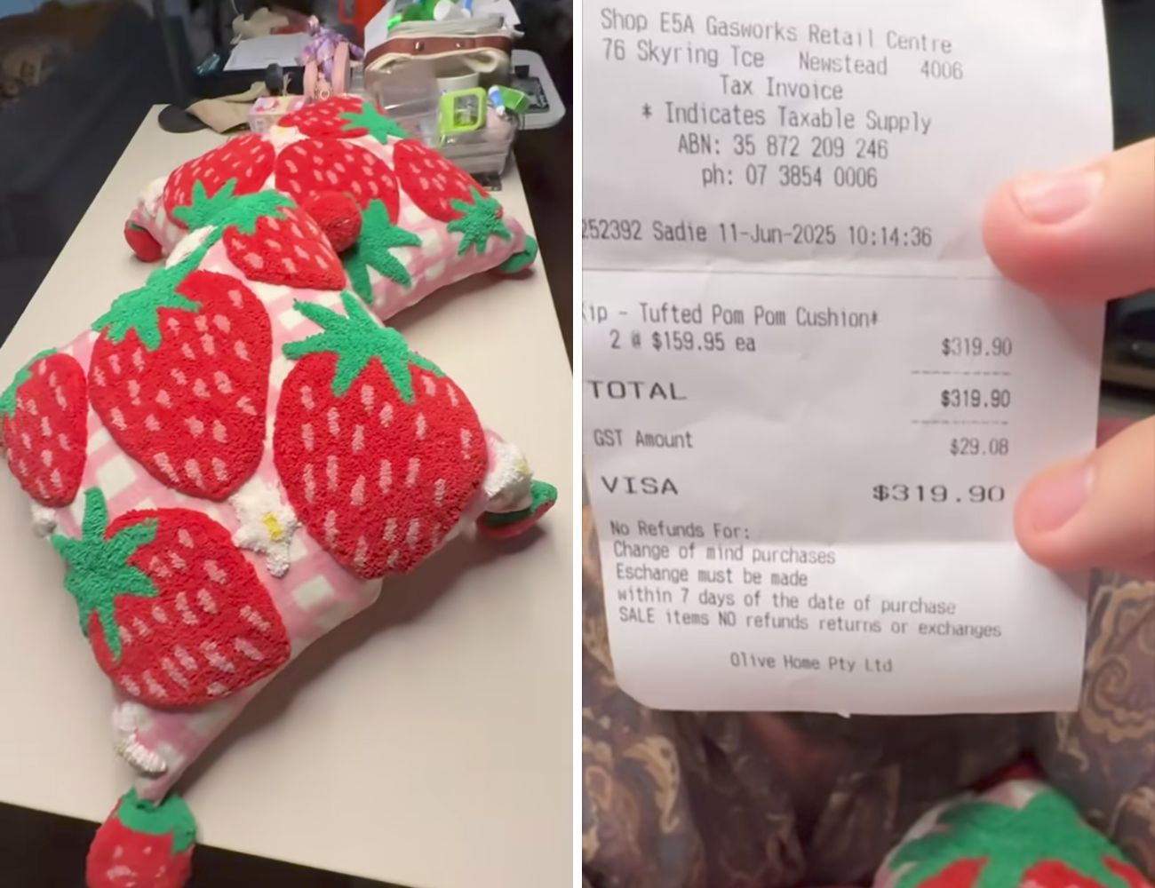 A sinistra i due cuscini, a destra lo scontrino, equivalente a oltre 180€