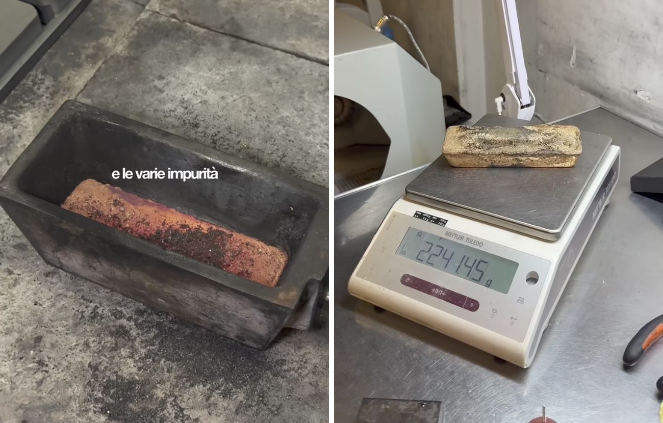 Il lingotto appena uscito dal crogiolo e dopo l'asciugatura e una prima pulizia.