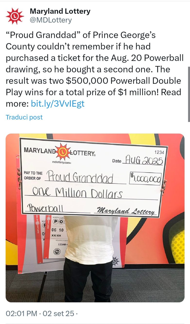 Il post social della Maryland Lottery che racconta della straordinaria vincita del "nonno orgoglioso".