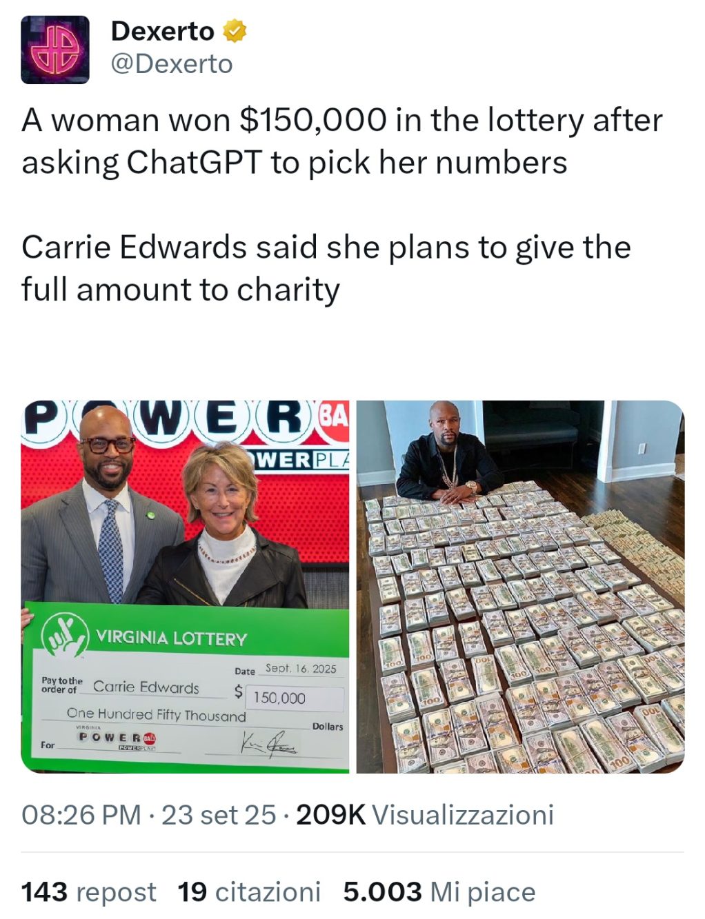 La notizia della donna che ha vinto alla Lotteria grazie a ChatGPT e poi donato il denaro in beneficenza è diventata virale negli Stati Uniti.