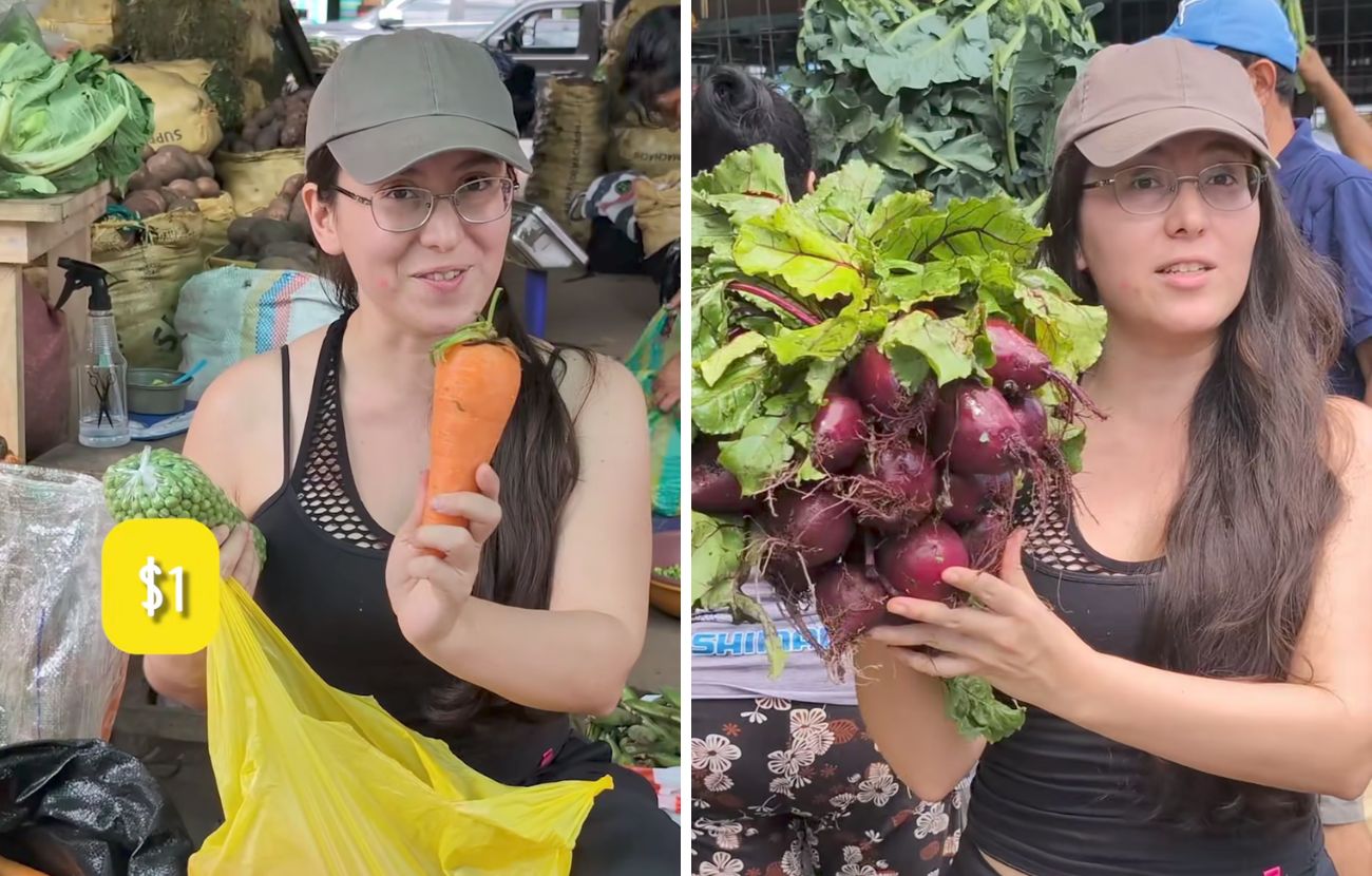 Carote giganti e barbabietole in quantità, tutto a prezzi bassissimi agli occhi di un italiano: così è la spesa in un mercato dell'Ecuador.