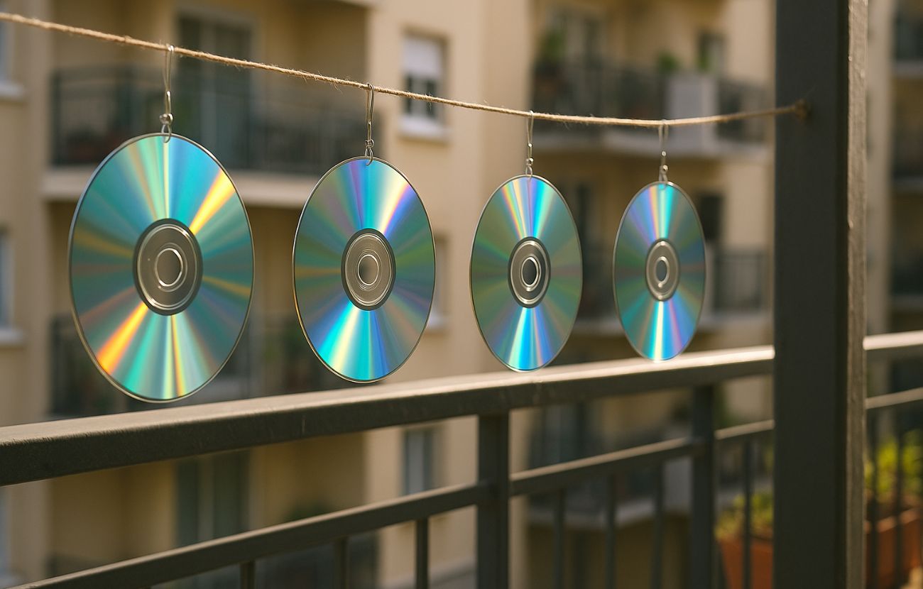 Alcuni CD-ROM su un balcone, utili a non far avvicinare uccelli (e i loro 'regalini').