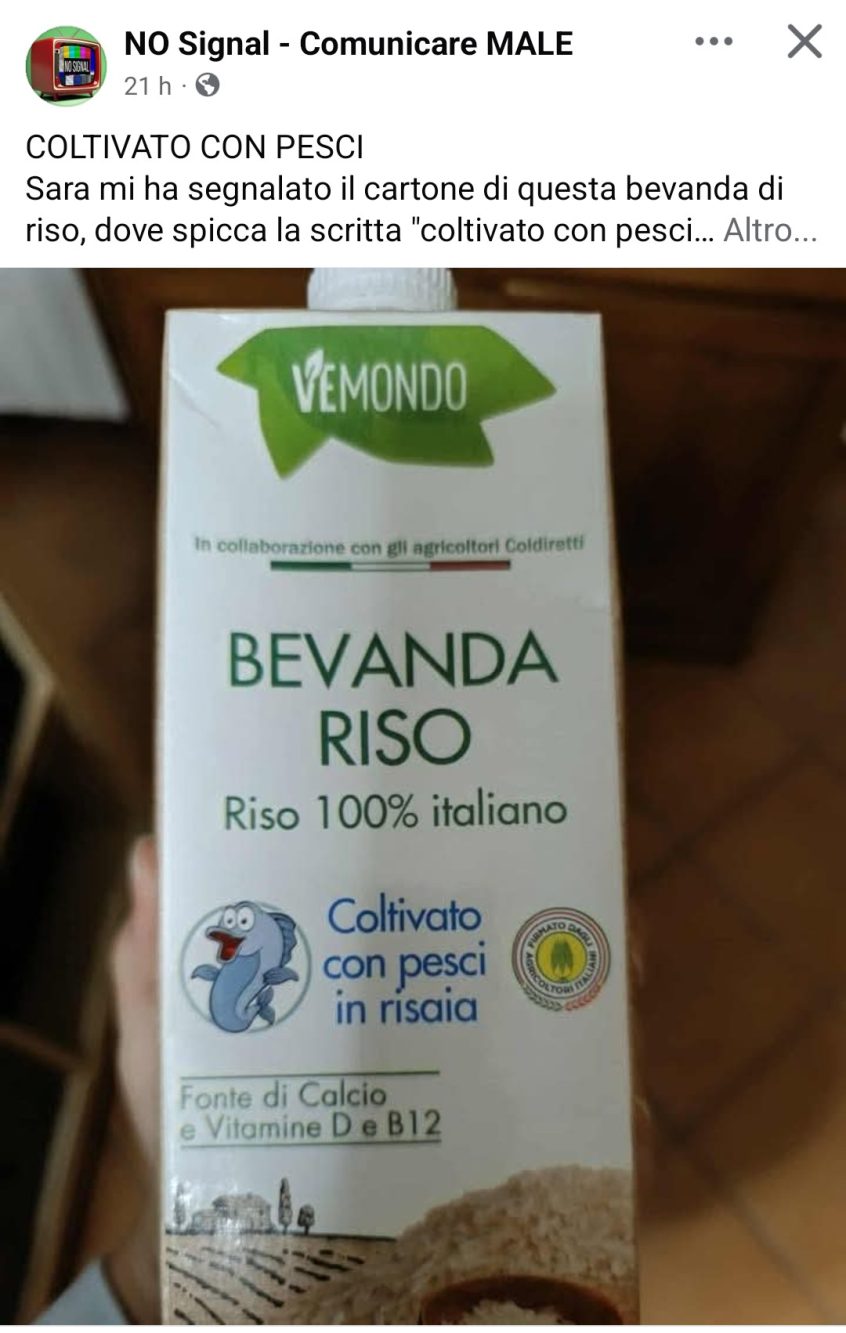 Il post originale che segnala l'arrivo sugli scaffali di un 'latte' di riso coltivato con pesci in risaia