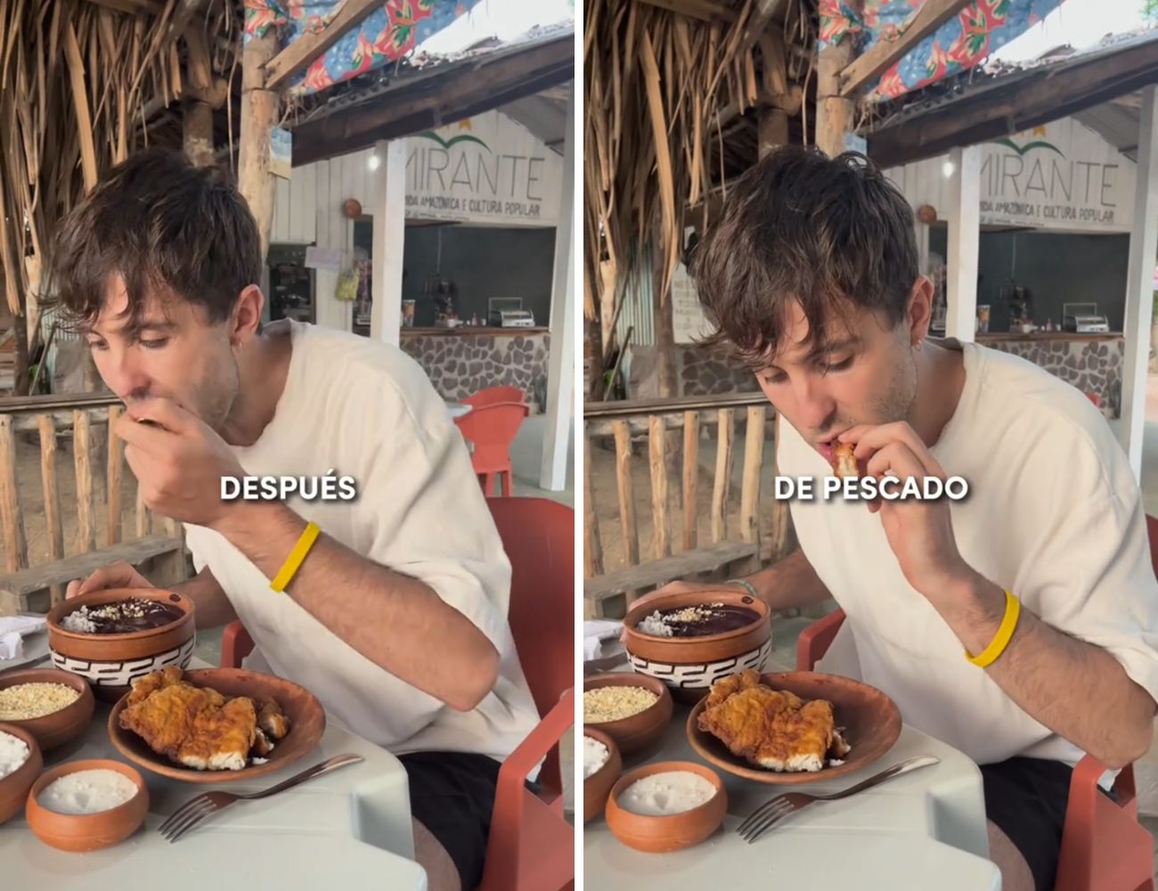 Il modo per mangiare l'açai il Brasile: prima un pezzettino di pesce fritto, poi un cucchiaio di questa 'salsa'.