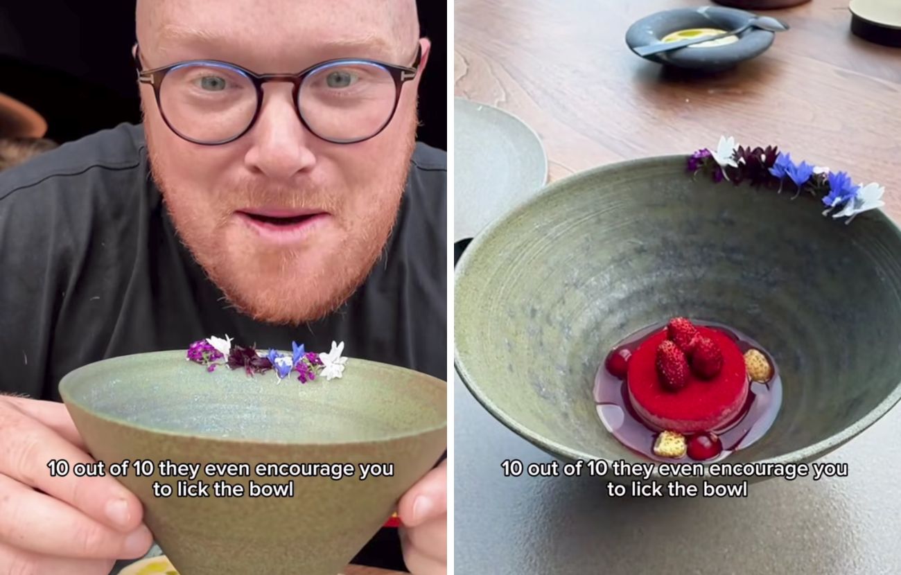 Il dolce servito nel ristorante stellato è a base di fragola, con dei fiori commestibili da leccare dal bordo della ciotola