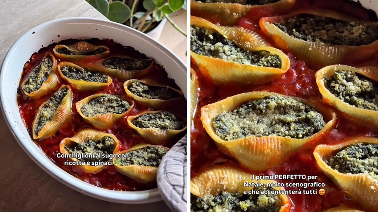 Conchiglioni al sugo con ricotta e spinaci