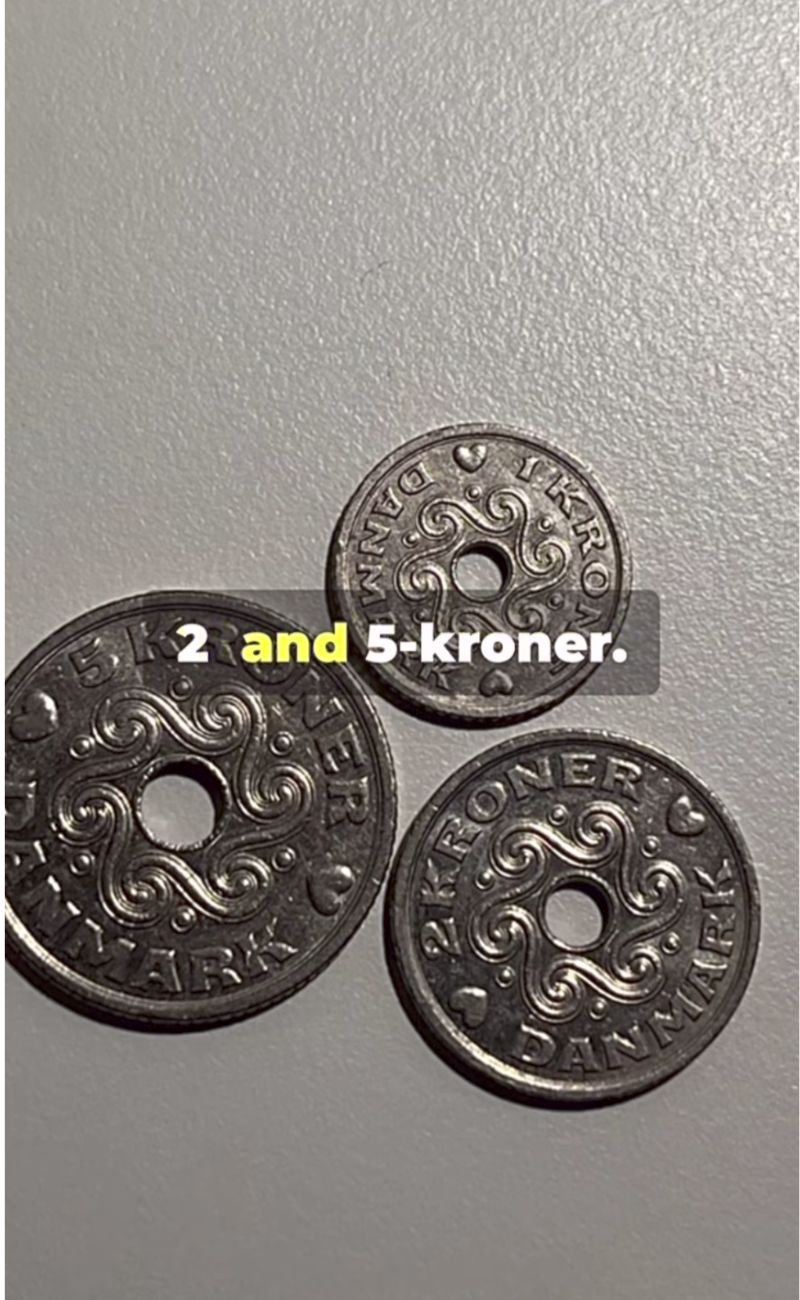 Le monete che, oggigiorno, hanno ancora i buchi in Danimarca: 1, 2 e 5 corone, ovvero 0.13, 0.26€ e 0.67€