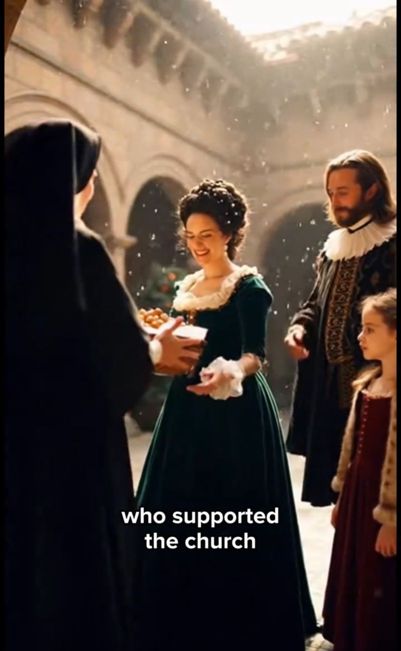 Una rappresentazione creata con Intelligenza Artificiale di monache che danno gli struffoli ai nobili, per ringraziarli delle loro offerte.