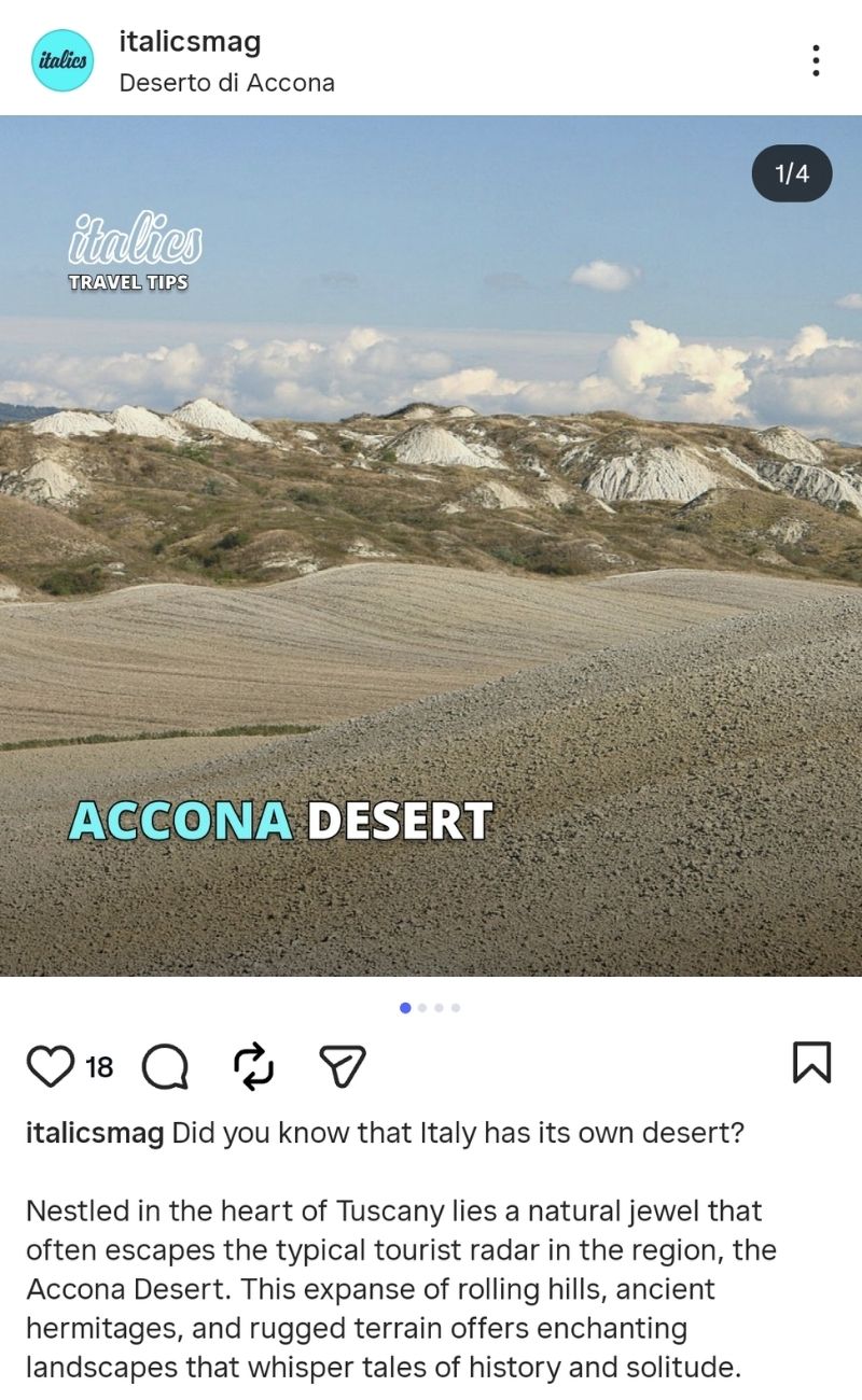 Il 'deserto' in Toscana, dai paesaggi particolari. Credits: italicsmag Instagram - forumagricolturasociale.it