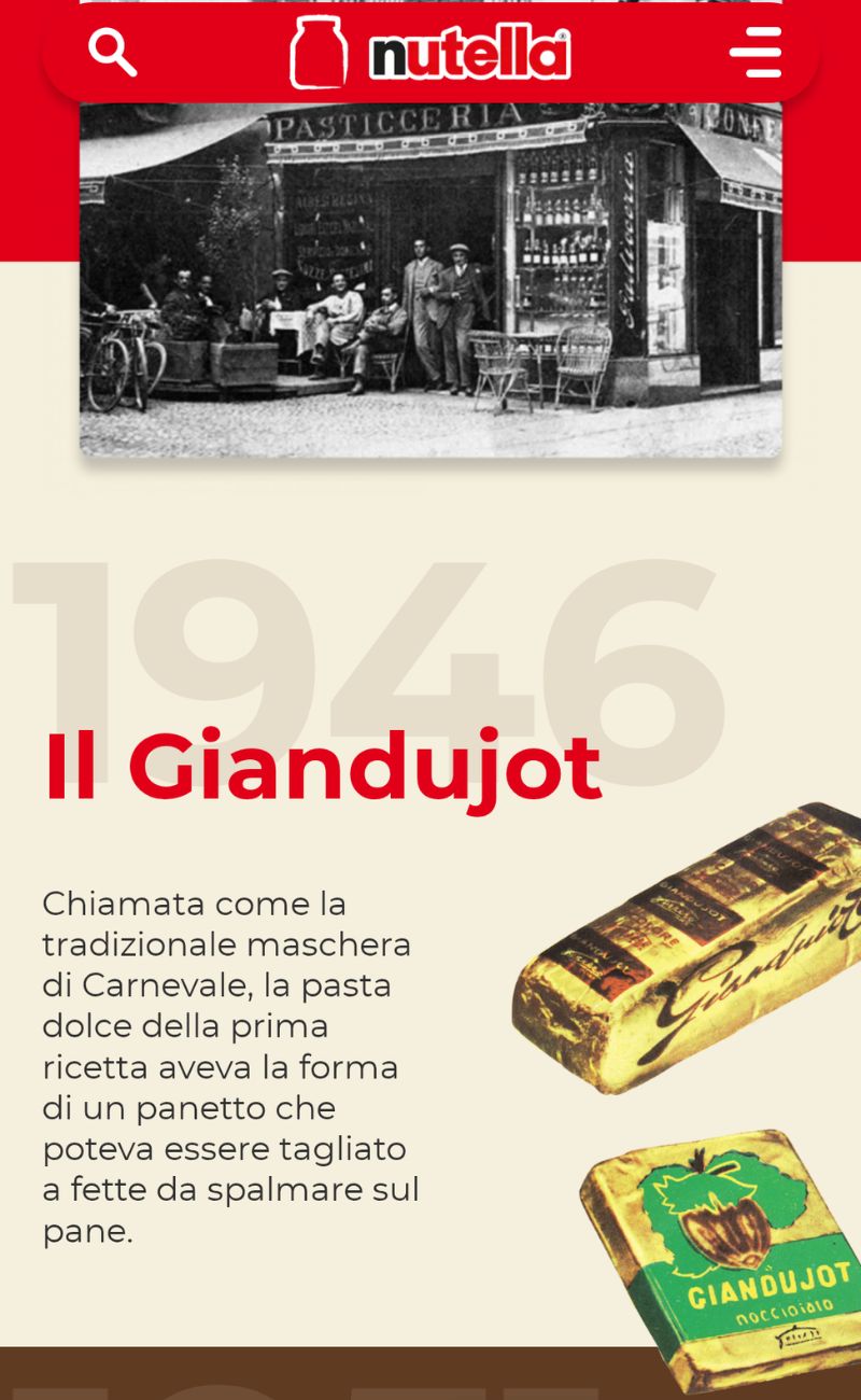 La prima Nutella di sempre era un panetto di cioccolata e nocciole, meno densa di quella attuale. Credits: nutella.com