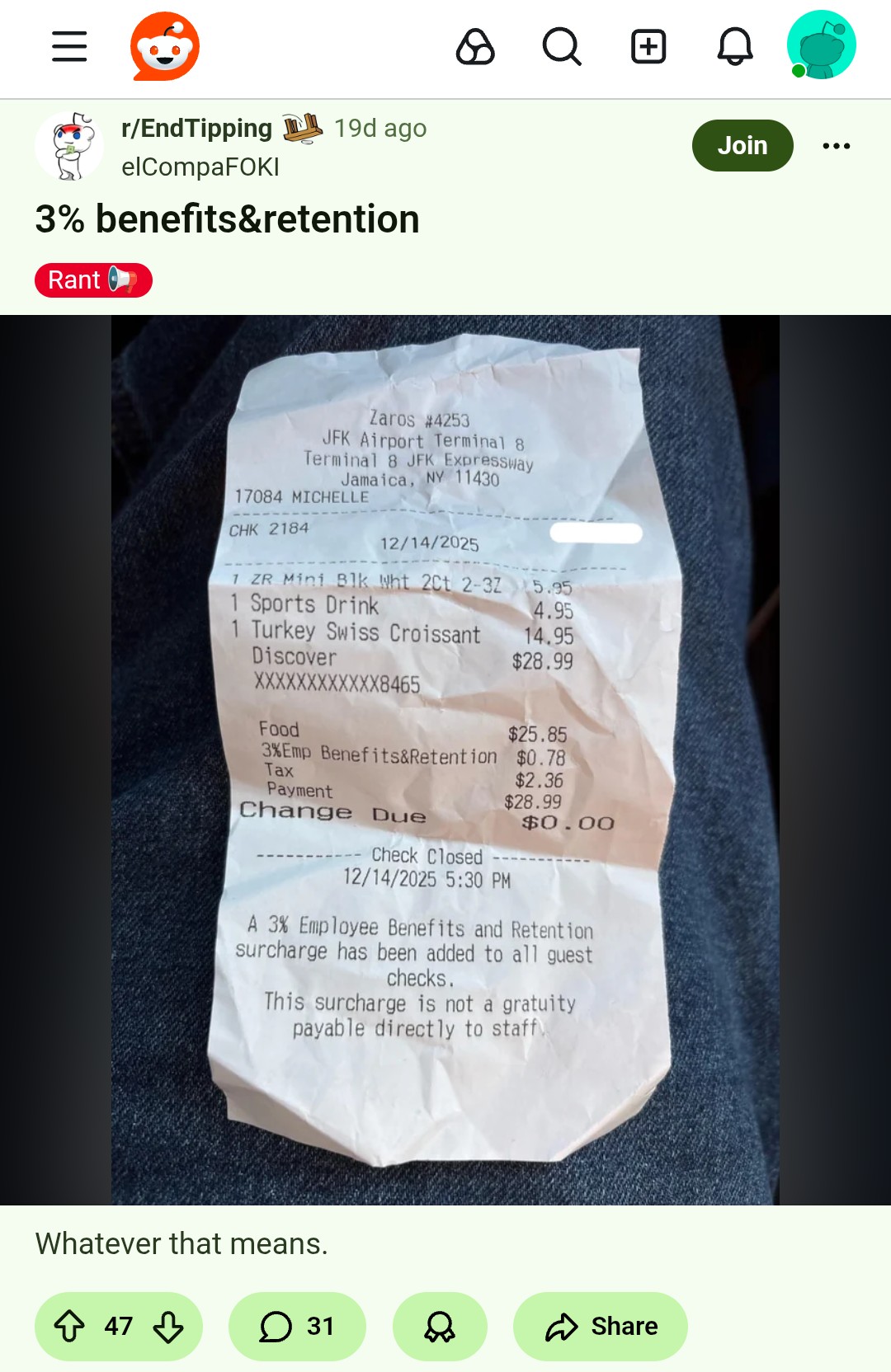 Lo scontrino battuto all'aeroporto di New York