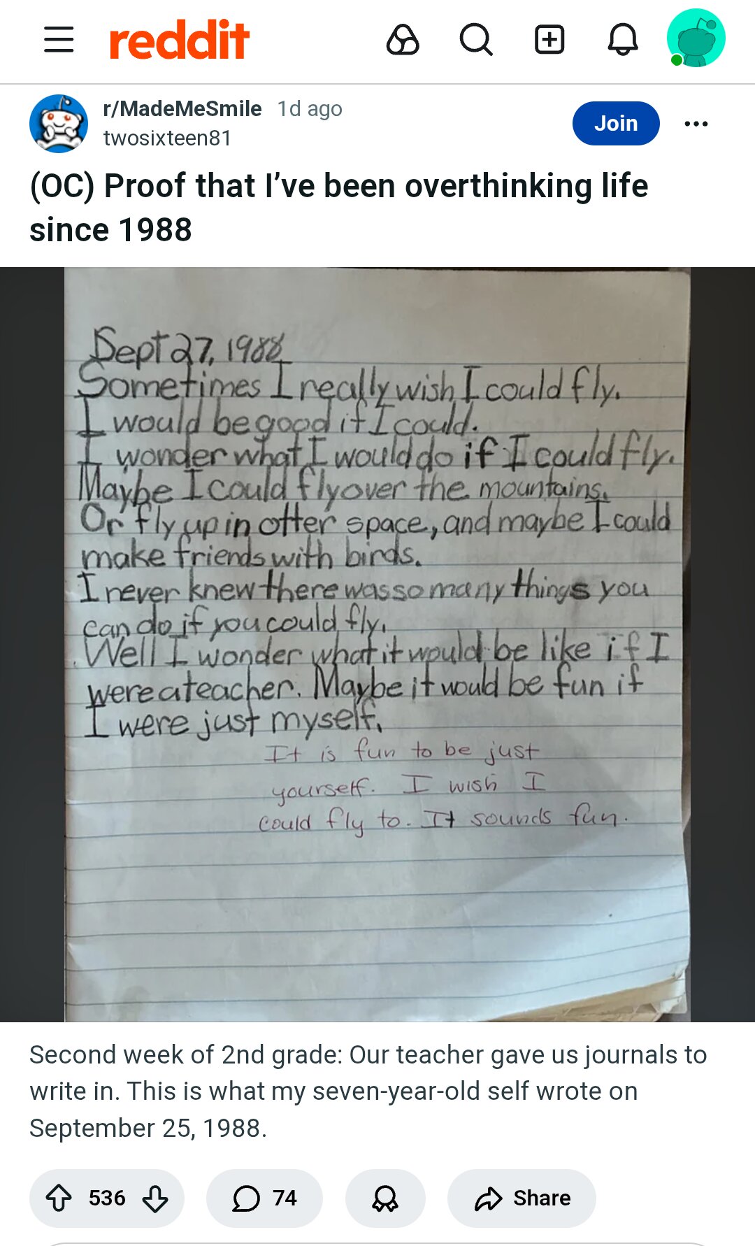 La pagina di diario risalente al 1988 scritta dall'autrice del post