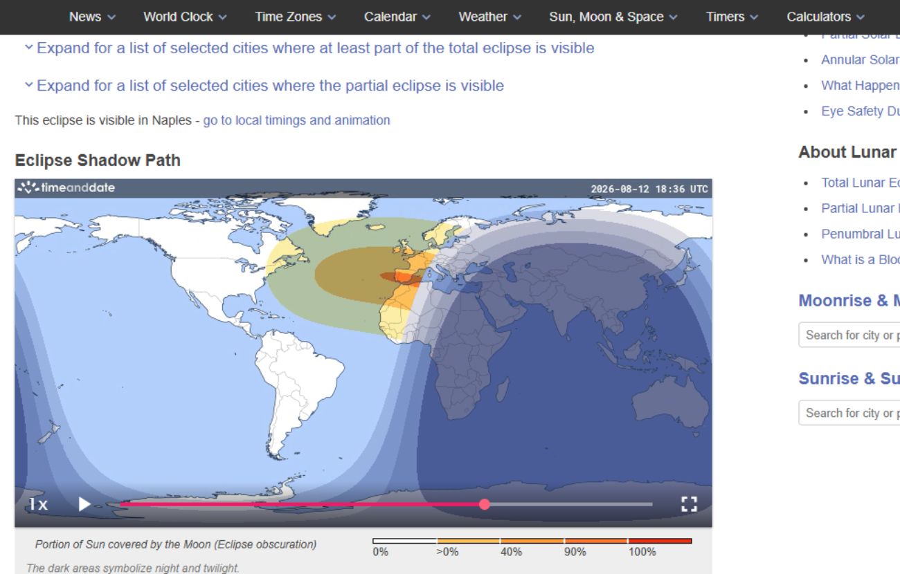 Solo la parte in arancione scuro sarà interessata dall'eclissi solare all'orario indicato
