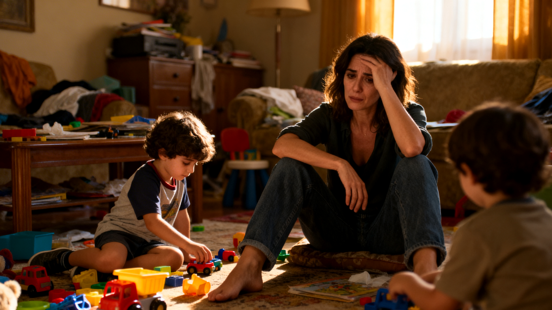 Mamma esausta che fatica a coinvolgere i bambini nelle attività quotidiane come riordinare i giocattoli, apparecchiare o prepararsi per uscire, con conseguente sovraccarico e frustrazione reciproca"